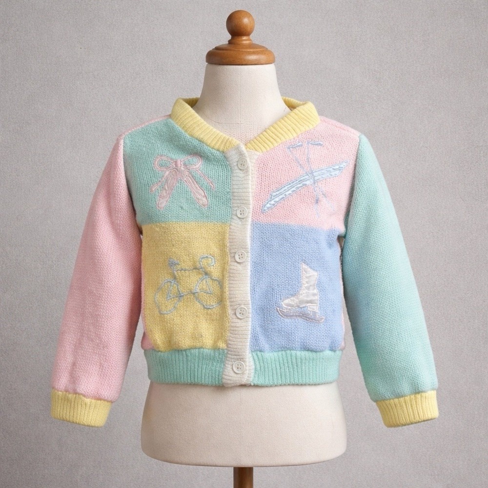 Vintage Baby Sweater Embroidered‎ Pastel Cardigan 80s Heirloom Cottagecore 3T